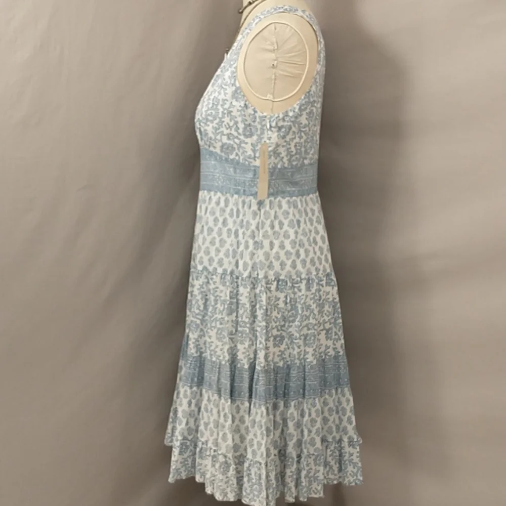 Cotton Block Print Summer Dress Wedgewood Blue & White Lined Midi Tiered Skirt - Picture 3 of 9